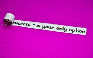 success - is your only option text, Inspiration, Motivation and business concept on purple torn paper photo