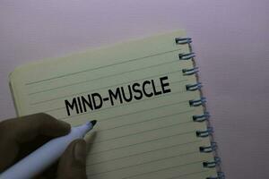 Mind-Muscle text on the book isolated on office desk photo