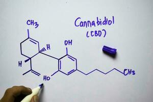 Cannabidiol molecule written on the white board. Structural chemical formula. Education concept photo