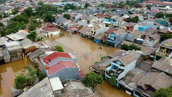 Aerial POV view Depiction of flooding. devastation wrought after massive natural disasters. photo