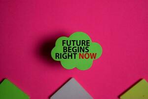 Future Begins Right Now write on a sticky note isolated on Office Desk. photo