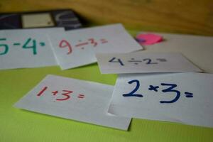 Math write on a sticky note isolated on Office Desk. Education concept photo