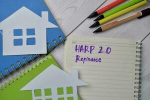 HARP 2.0 Refinance text write on a book isolated wooden table. photo