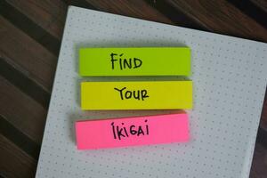 Find Your Ikigai write on sticky notes isolated on Wooden Table. photo