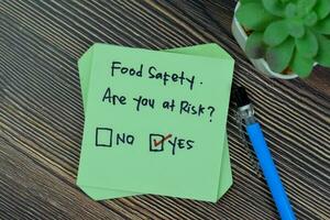 Concept of Food Safety. Are you at risk Yes write on sticky notes isolated on Wooden Table. photo
