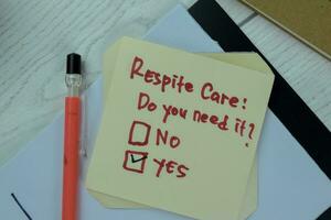 Concept of Respite Care, Do you need it Yes write on sticky notes isolated on Wooden Table. photo