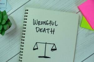 Concept of Wrongful Death write on a book isolated on Wooden Table. photo