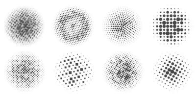 Circle dots with halftone pattern. Round gradient background. Elements with gradation points texture. Abstract geometric shapes. Vector set