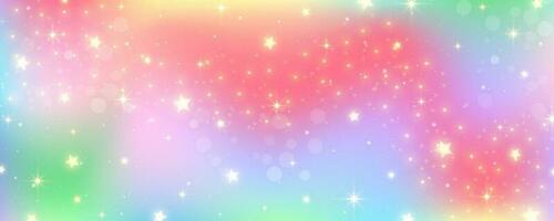 arco iris pastel antecedentes con estrellas. unicornio Brillantina galaxia. resumen fantasía espacio. holográfico iridiscente diseño con destellos vector cósmico bg.