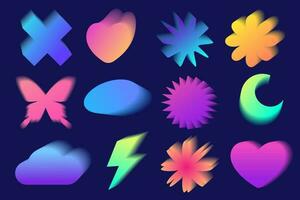 Y2k gradient shapes. Holographic soft elements. Abstract aura effect. Blurred aesthetic heart flower butterfly and lightning. Vector sticker set