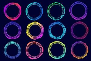 HUD futuristic elements. Abstract optical neon aim. Circle geometric shapes for virtual interface and games. Camera viewfinder for sniper weapon. Vector set