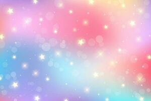 Rainbow pastel background with stars. Unicorn glitter galaxy. Abstract fantasy space. Holographic iridescent design with sparkles. Vector cosmic bg.