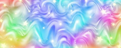 Rainbow background with waves of fluid. Abstract pastel gradient wallpaper with bright vibrant colors and stars. Vector unicorn holographic backdrop.