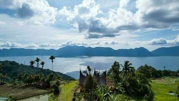 Aerial view of panorama of Maninjau Lake West Sumatra, Danau maninjau. sumatra, Indonesia, January 24, 2023 photo