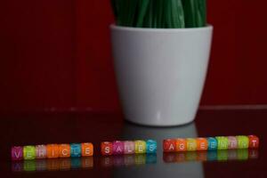 Vehicle sales agreement text at colorful wooden block on red background. Desk office and education concept photo