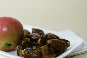 Ramadan Kareem Festive, close up of dates and Islamic Holy Month Greeting Card. Free space for your text photo