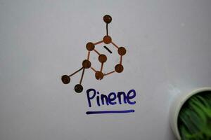 Pinene is a bicyclic molecule write on the white board. Structural chemical formula. Education concept photo