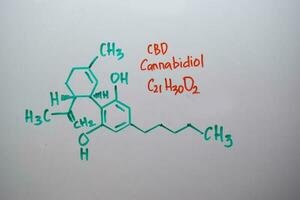 cannabidiol escribir en el blanco tablero. estructural químico fórmula. educación concepto foto