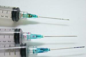 Close up of a syringe selective focus on numbers, isolated on white background photo