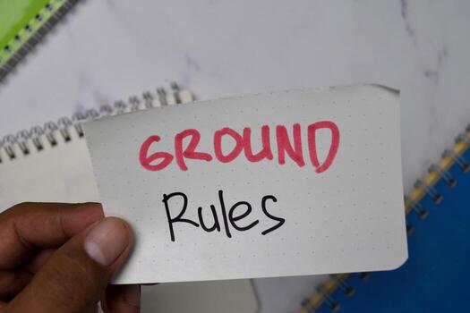 Ground Rules text on sticky notes isolated on office desk. photo