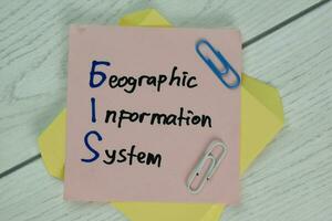 GIS - Geographic Information System write on a book isolated on Wooden Table. photo
