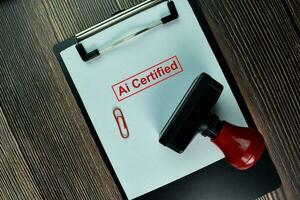 Red Handle Rubber Stamper and Ai Certified text isolated on the table. photo