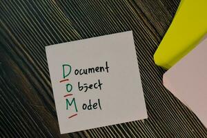 DOM - Document Object Model write on sticky notes isolated on Wooden Table. photo