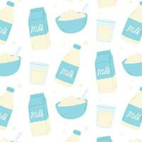 Seamless pattern with bottles and packages of milk. Vector illustration. Dairy print. Flat style.