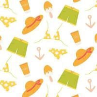 Seamless pattern with swimsuit, hat, cream. Summer pattern in flat style. Hand drawn summer print. Vector illustration.