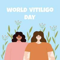 un mujer con vitiligo piel enfermedad acepta su apariencia, ama sí misma. mundo vitiligo día. vector ilustración. póster con un contento niña con vitíligo.