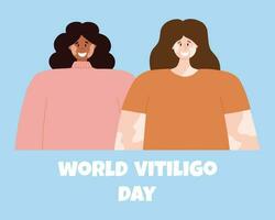 un mujer con vitiligo piel enfermedad acepta su apariencia, ama sí misma. mundo vitiligo día. vector ilustración. póster con un contento niña con vitíligo.