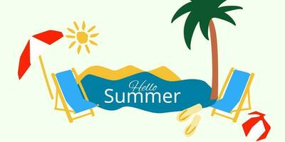 Hello summer illustration in cutting style season holiday vacation with sea palm umbrella vector