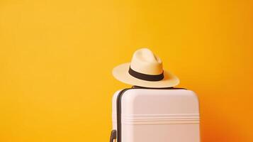 Suitcase with summer hat background. Illustration photo