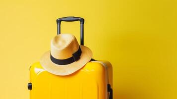 Suitcase with summer hat background. Illustration photo