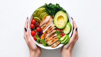 Chicken salad bowl in hand. Illustration photo