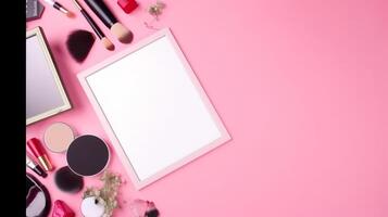 Empty frame with makeup tools. Illustration photo