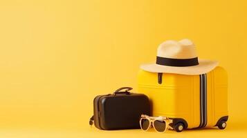 Suitcase with summer hat background. Illustration photo