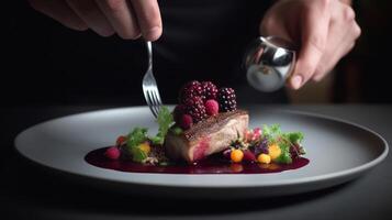 Pan fried pink duck onto a bed of parsnip puree with seasonal autumn vegetables Illustration photo