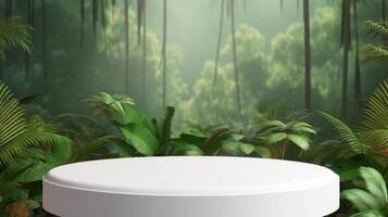 White empty podium in jungle forest. Illustration photo