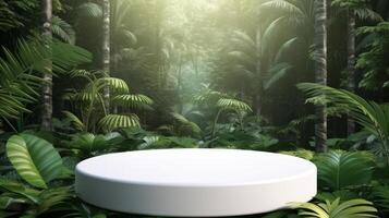 White empty podium in jungle forest. Illustration photo