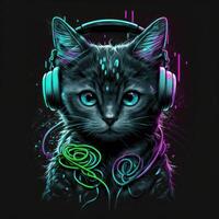 Cute cat in headphones T-shirt. Illustration photo