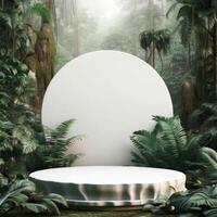 White empty podium in jungle forest. Illustration photo