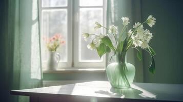 Green luxury flowers in glass vase. Illustration photo