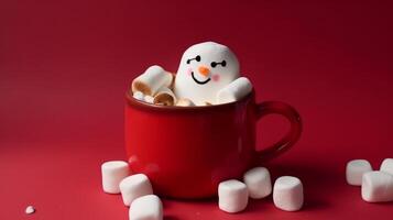 Hot chocolate mug with melted marshmallows snowman Illustration photo