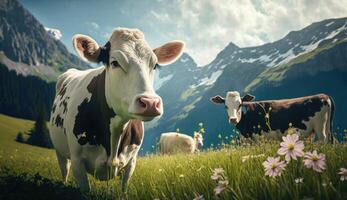 Cows in Alps. Illustration AI Generative photo