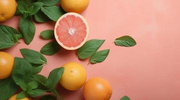 Fresh grapefruits and mints overhead view - flat lay Illustration photo