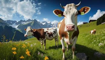 vacas en Alpes. ilustración ai generativo foto