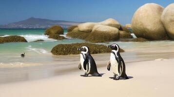 africano pingüinos en un playa. ilustración ai generativo foto