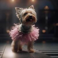 Yorkshire terrier perro en un ligero rosado ballet falda es bailando me gusta un bailarina,, ilustración ai generativo foto