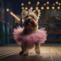Yorkshire Terrier dog in a light pink ballet skirt is dancing like a ballerina,, Illustration AI Generative photo